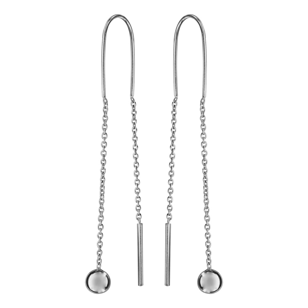 Boucles d’oreilles passantes en argent rhodié avec 1 baguette à l’extrémité d’une chaîne et petite boule lisse à l’extrémité de l’autre