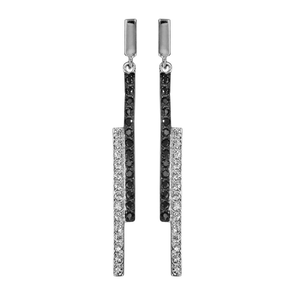 Boucles d’oreilles pendantes en argent rhodié 2 bâtons suspendus, 1 en oxydes blancs et l’autre en oxydes noirs sertis et fermoir poussette