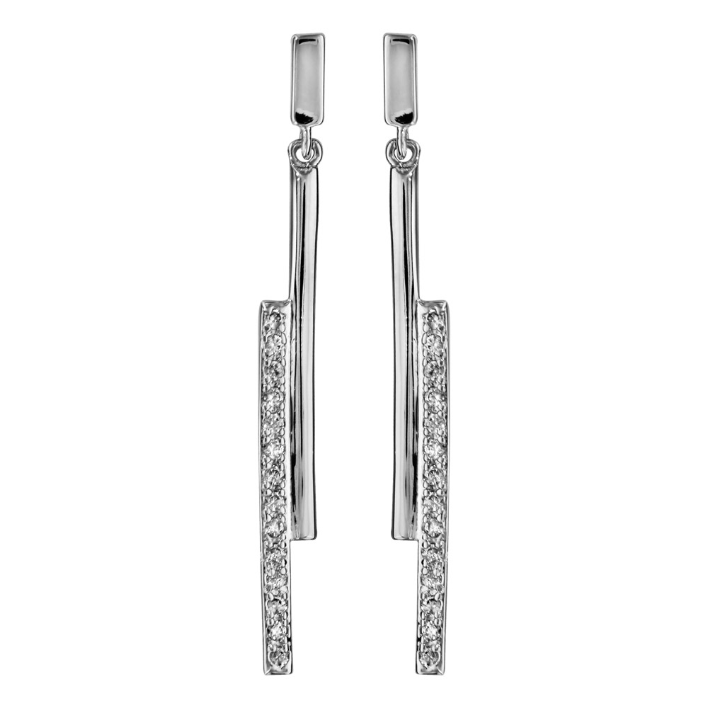 Boucles d’oreilles pendantes en argent rhodié 2 bâtons suspendus, 1 lisse et l’autre en oxydes blancs sertis et fermoir poussette
