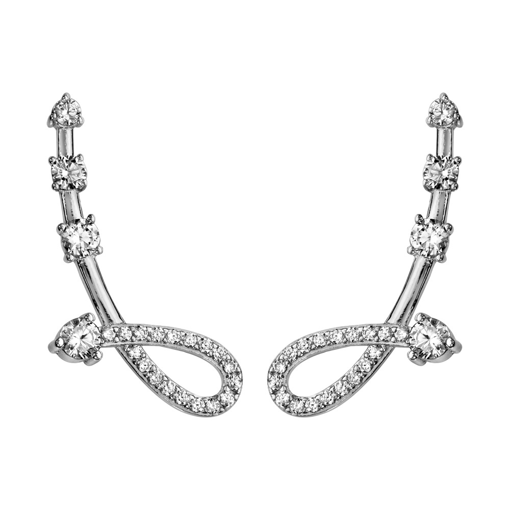 Boucles d’oreilles « ear cuff » en argent rhodié tige lisse et courbée avec 3 oxydes blancs et boucle en oxydes blancs sertis à l’extrémité