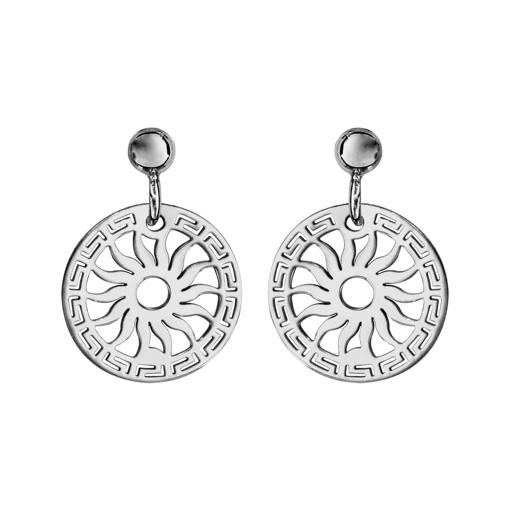 Boucles d’oreilles en argent rhodié rond suspendu motifs méandres grecs et soleil et fermoir poussette