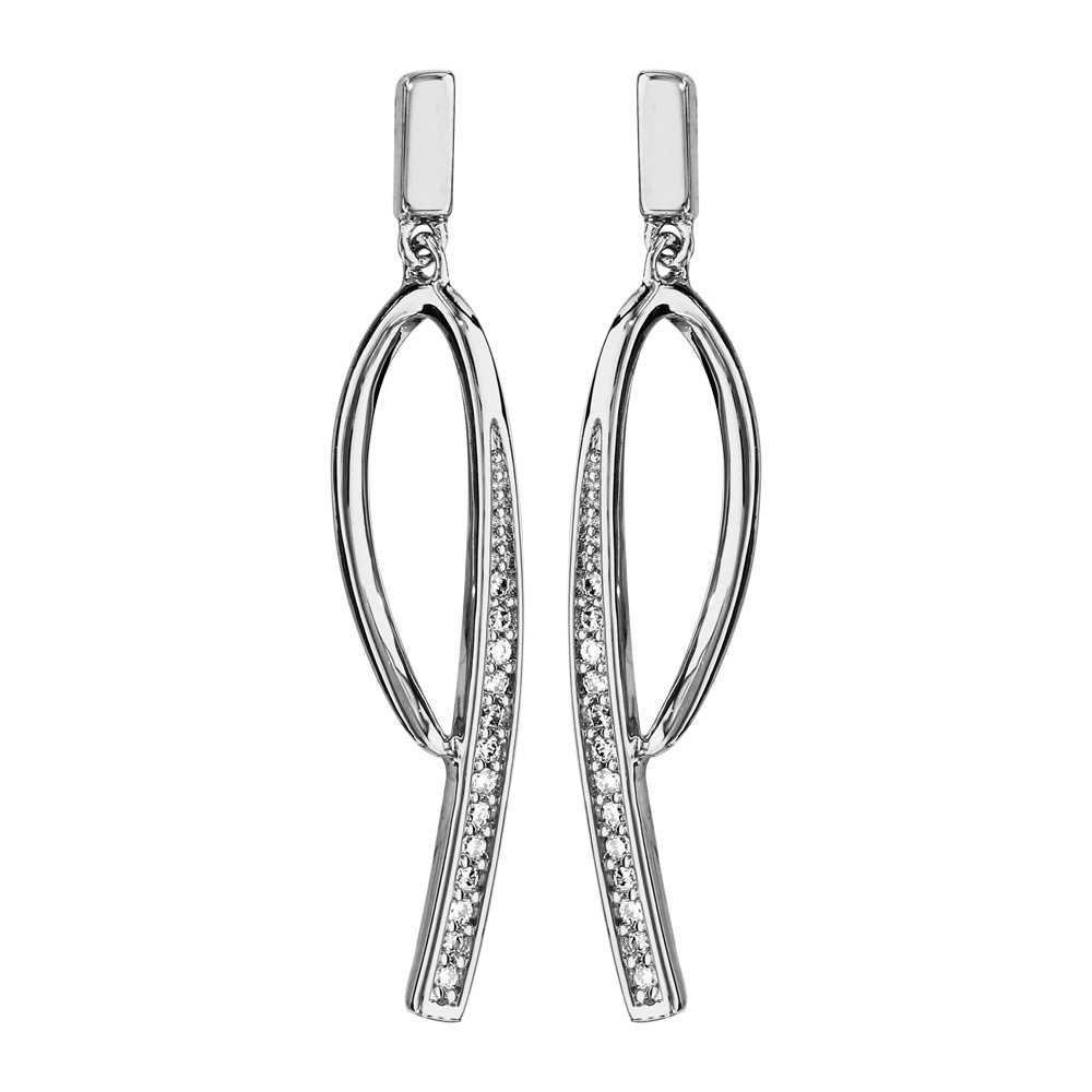 Boucles d’oreilles pendantes en argent rhodié demi boucle avec oxydes blancs sertis et fermoir poussette