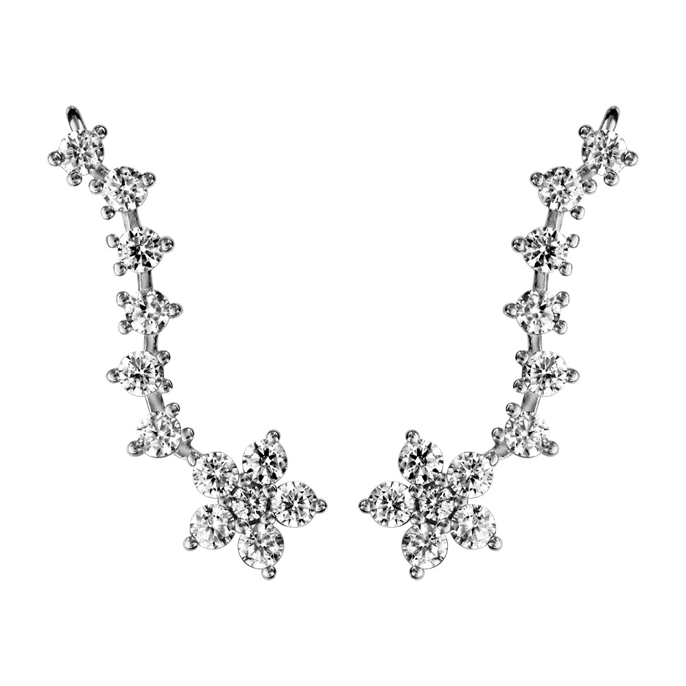 Boucles d’oreilles « ear cuff » en argent rhodié fleur et tige en oxydes blancs sertis