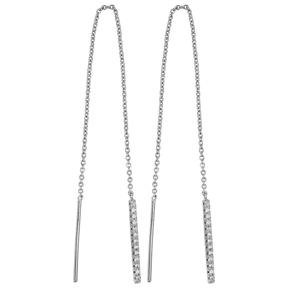 Boucles d’oreilles passantes en argent rhodié chaînette avec 1 bâton orné d’oxydes blancs sertis à 1 extrémité et 1 baguette lisse à l’autre