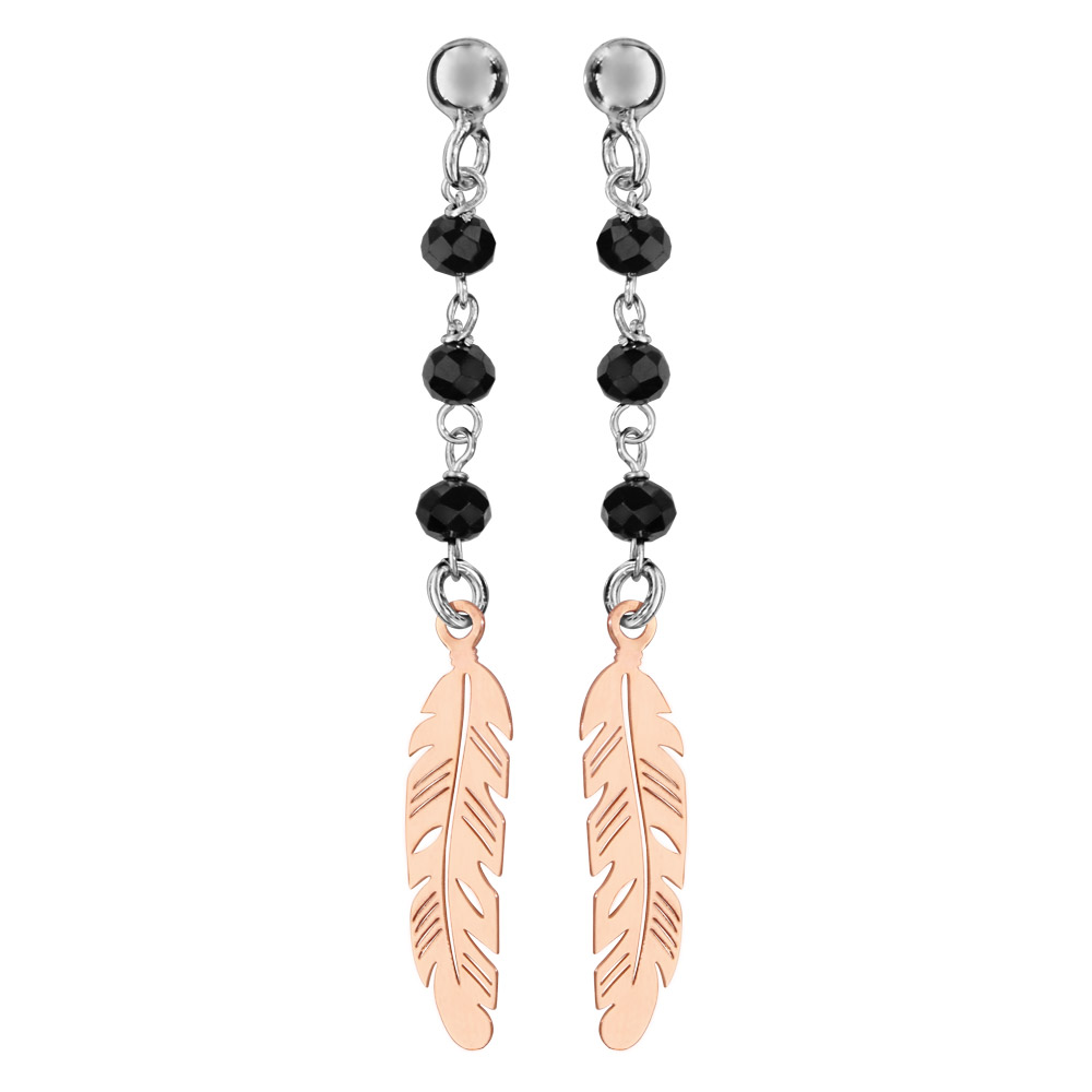 Boucles d’oreilles pendantes en Argent rhodié plume dorée suspendue avec perles facettées noires et fermoir poussette