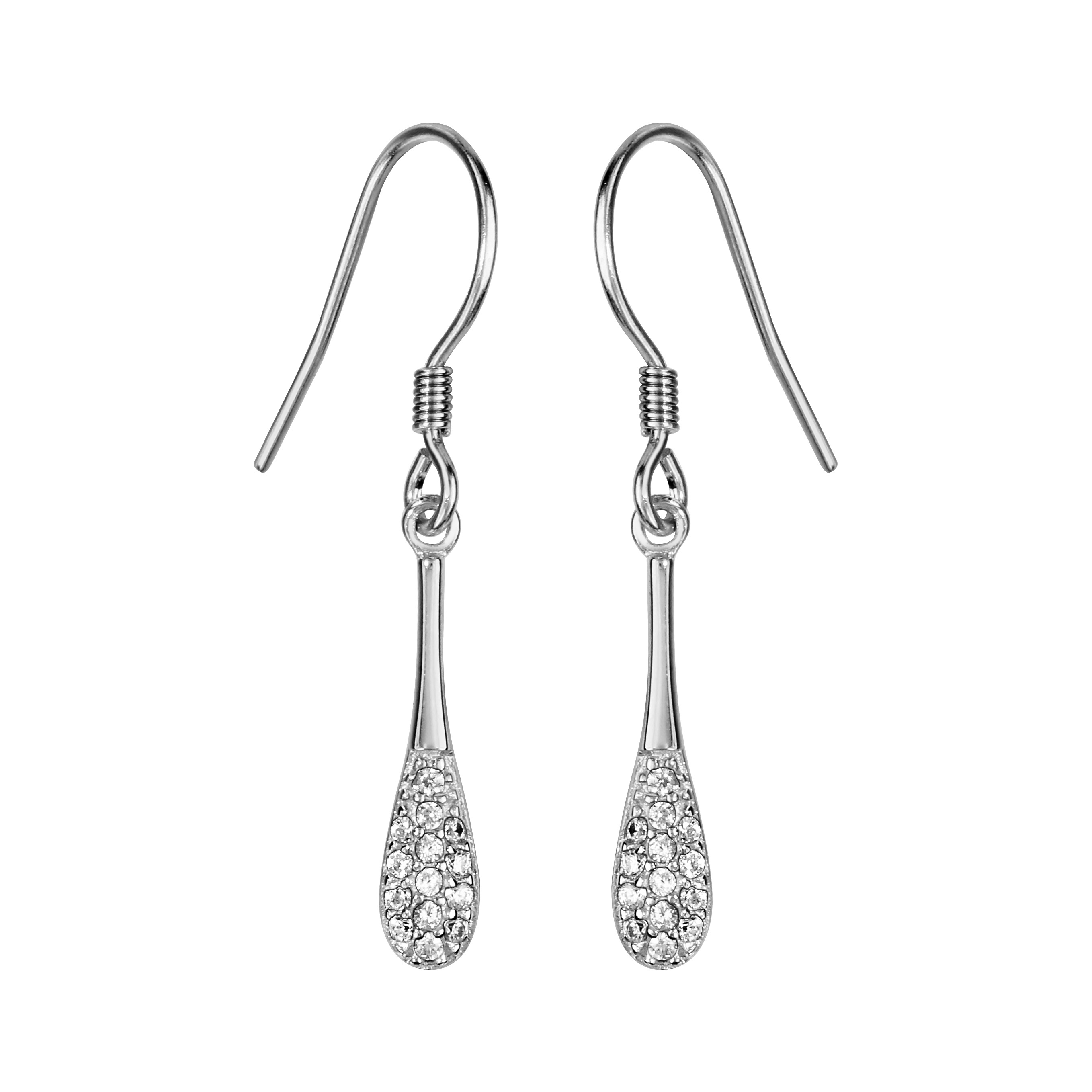 Boucles d’oreilles pendantes en argent rhodié massue avec base lisse et arrondi pavé d’oxydes blancs sertis et fermoir crochet