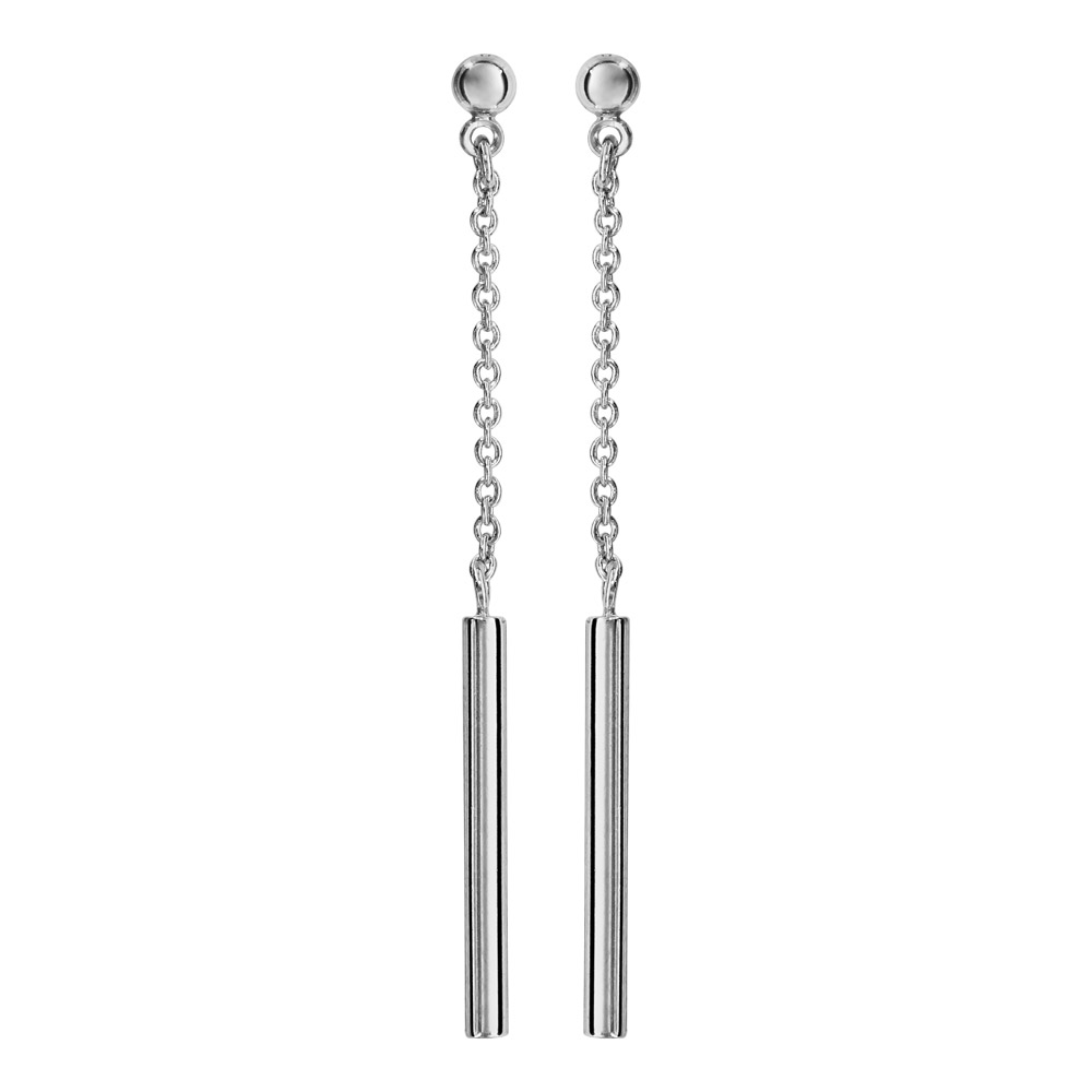Boucles d’oreilles pendantes en argent rhodié chaînette avec bâton lisse et fermoir poussette
