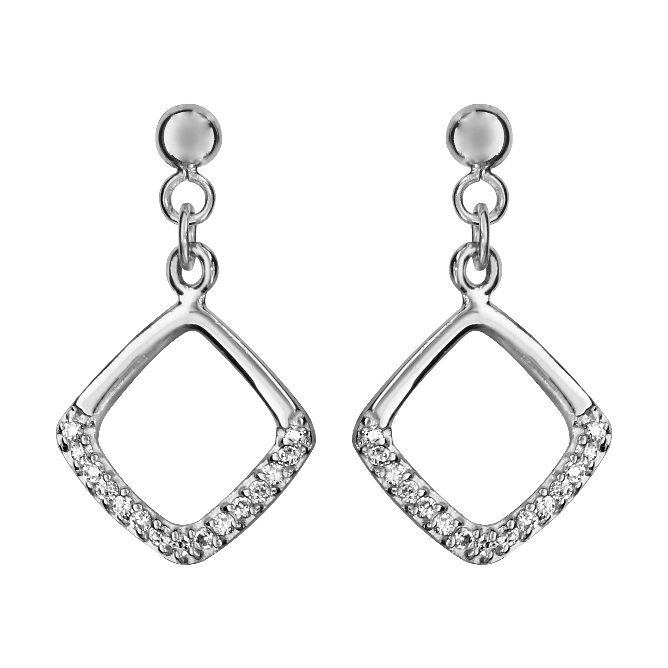 Boucles d’oreilles pendantes en argent rhodié carré évidé suspendu orné d’oxydes blancs sertis et fermoir poussette