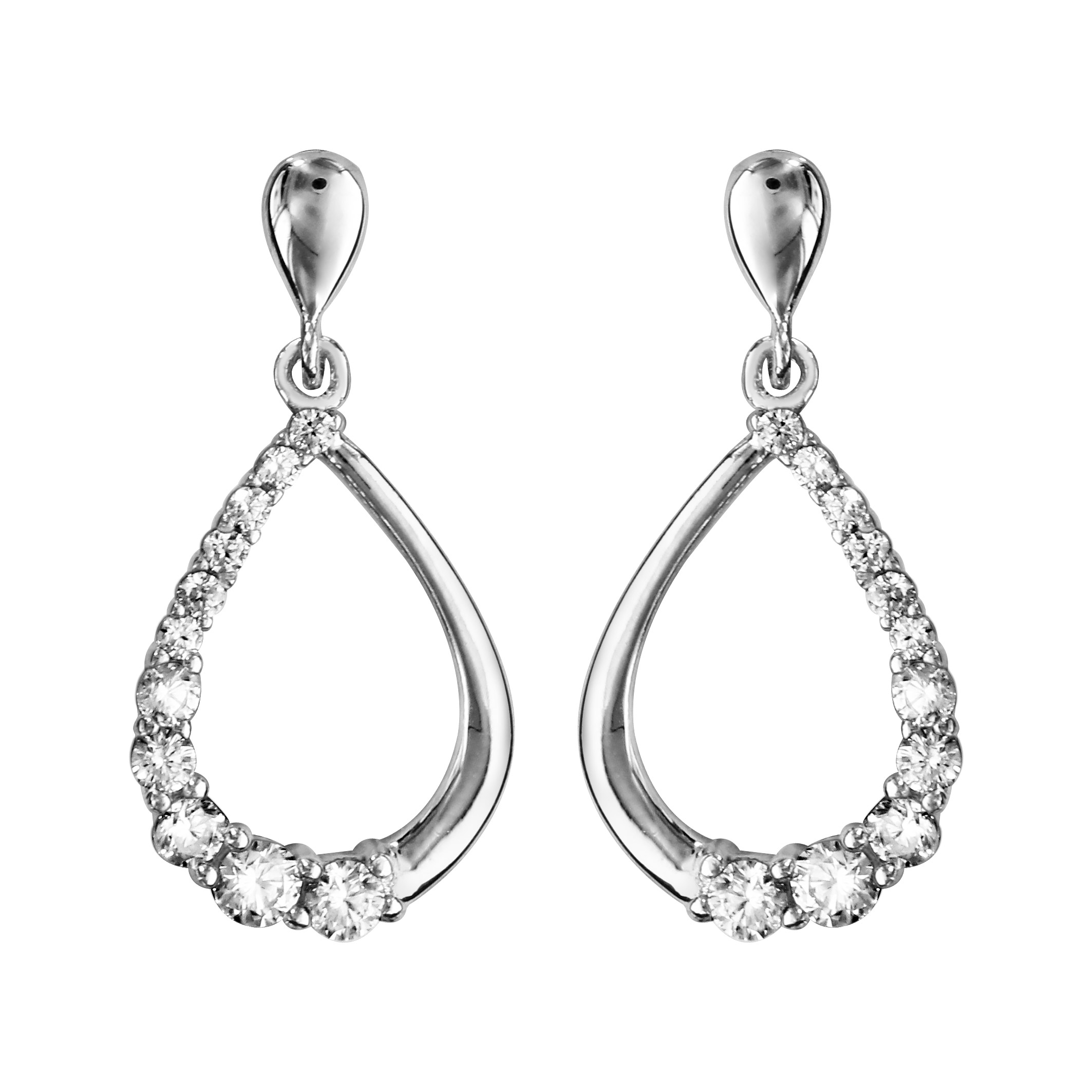 Boucles d’oreilles pendantes en argent rhodié goutte évidée suspendue avec 1 moitié lisse et l’autre ornée d’oxydes blancs et fermoir poussette