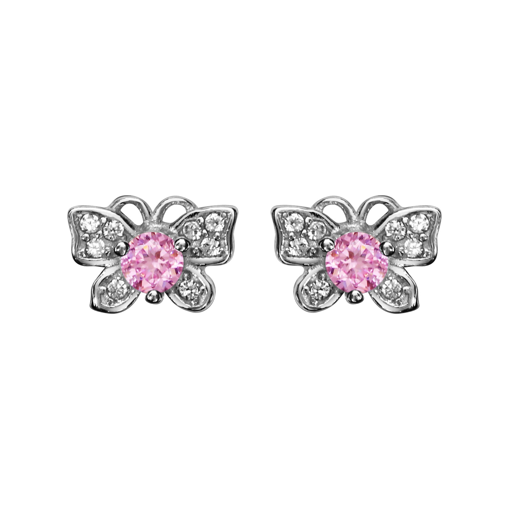 Boucles d’oreilles en argent rhodié papillon orné d’oxydes blancs et gros oxyde rose serti et fermoir poussette
