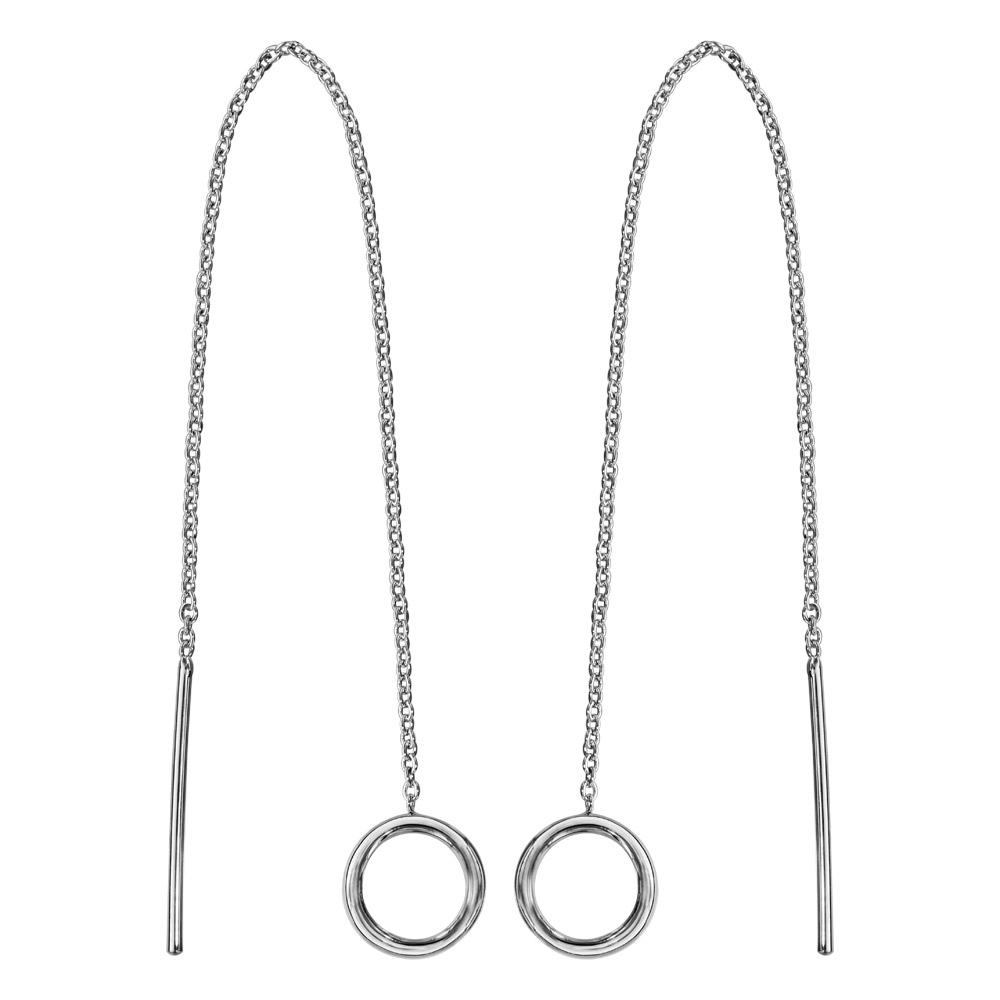 Boucles d’oreilles passantes en argent rhodié chaînette avec baguette à 1 extrémité et anneau à l’autre