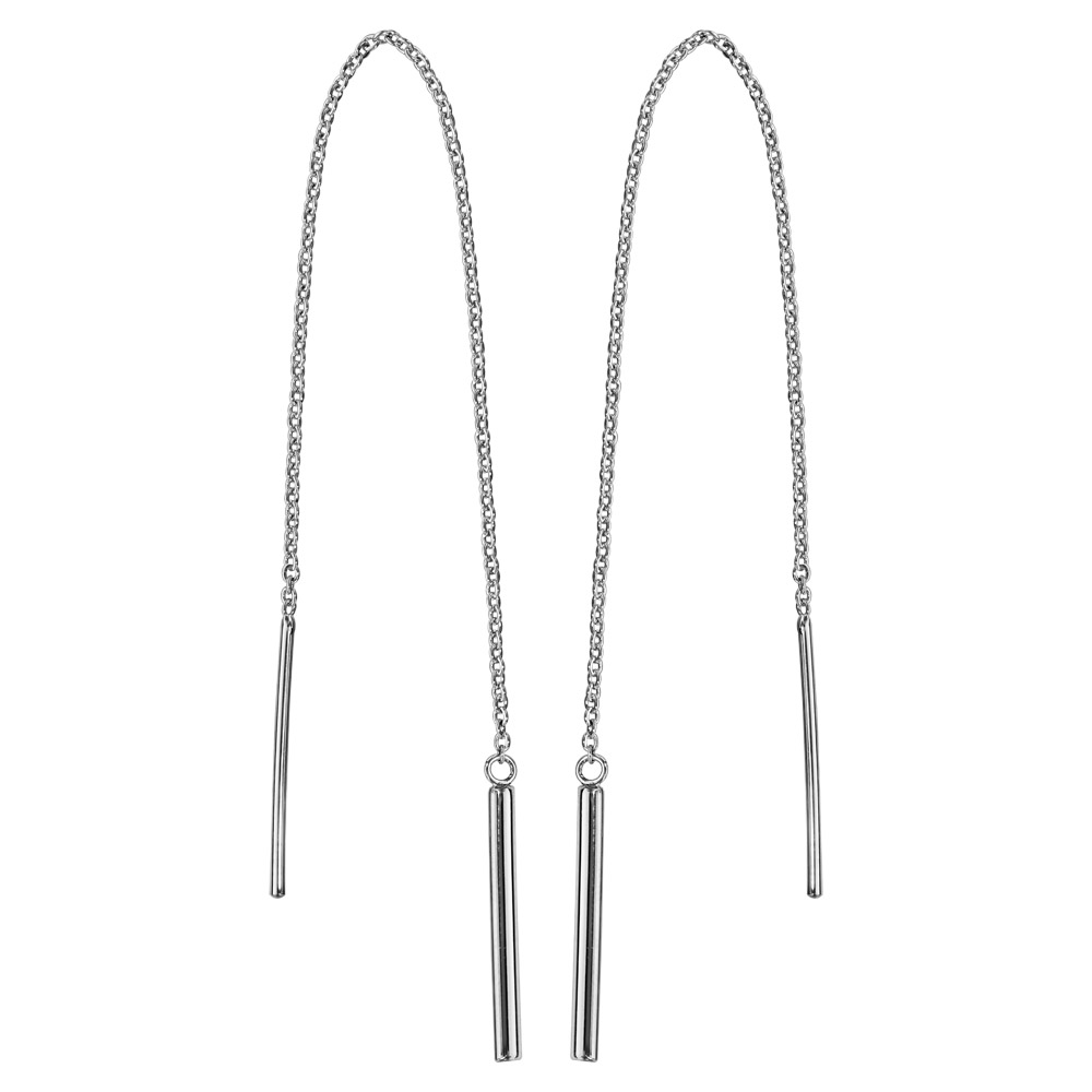 Boucles d’oreilles passantes en argent rhodié chaînette avec baguette à 1 extrémité et baguette plus grosse à l’autre