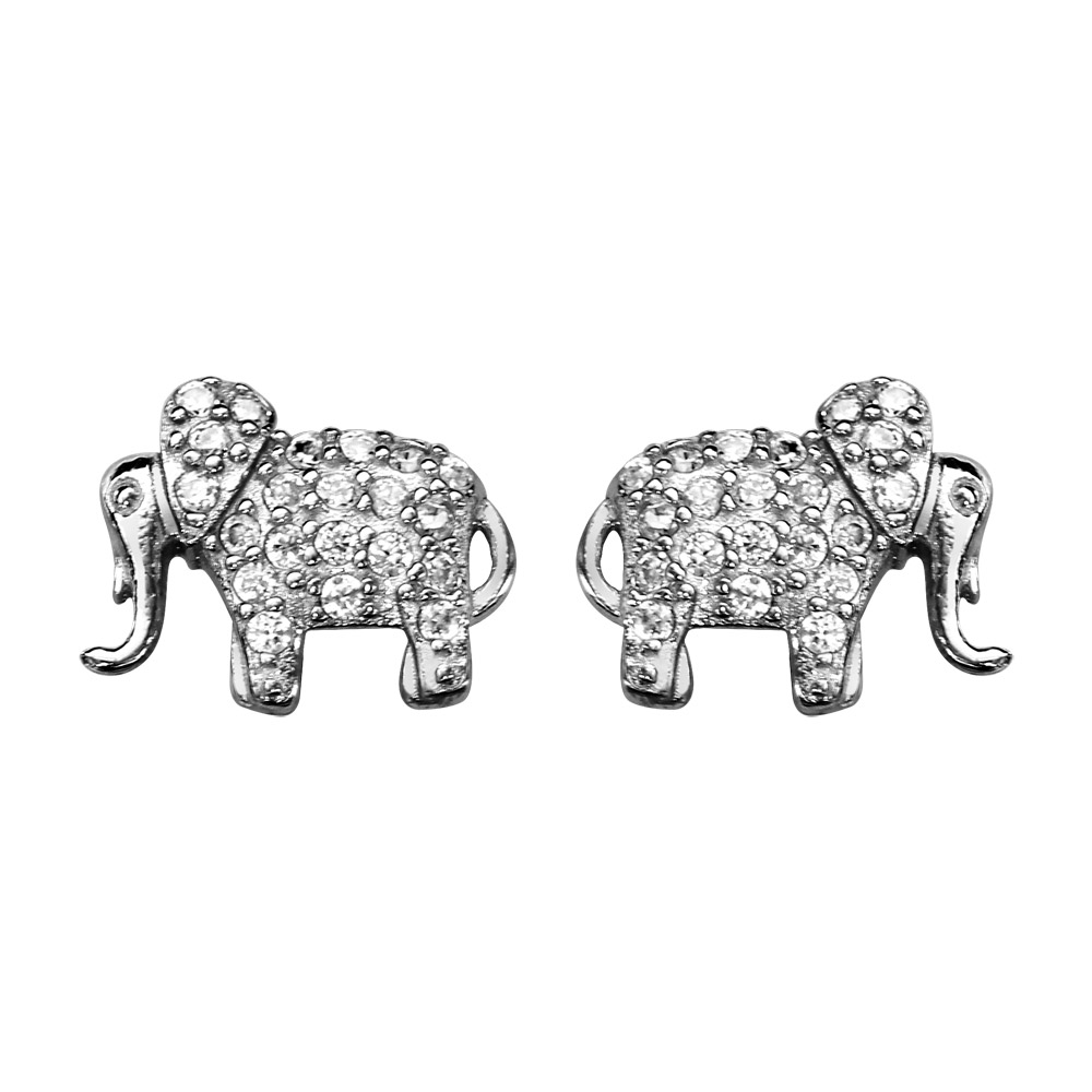 Boucles d’oreilles en argent rhodié éléphant orné d’oxydes blancs sertis et fermoir poussette