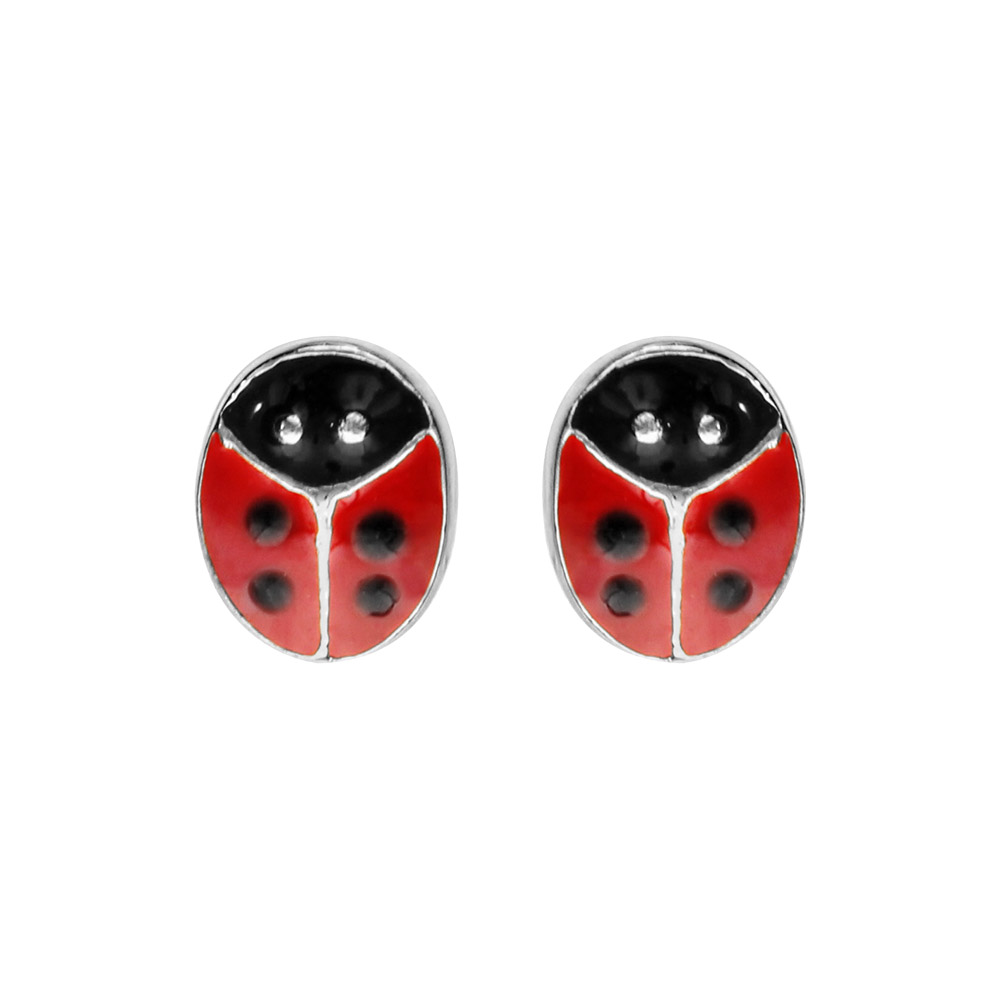 Boucles d’oreilles pour enfant en argent forme coccinelle et fermoir poussette
