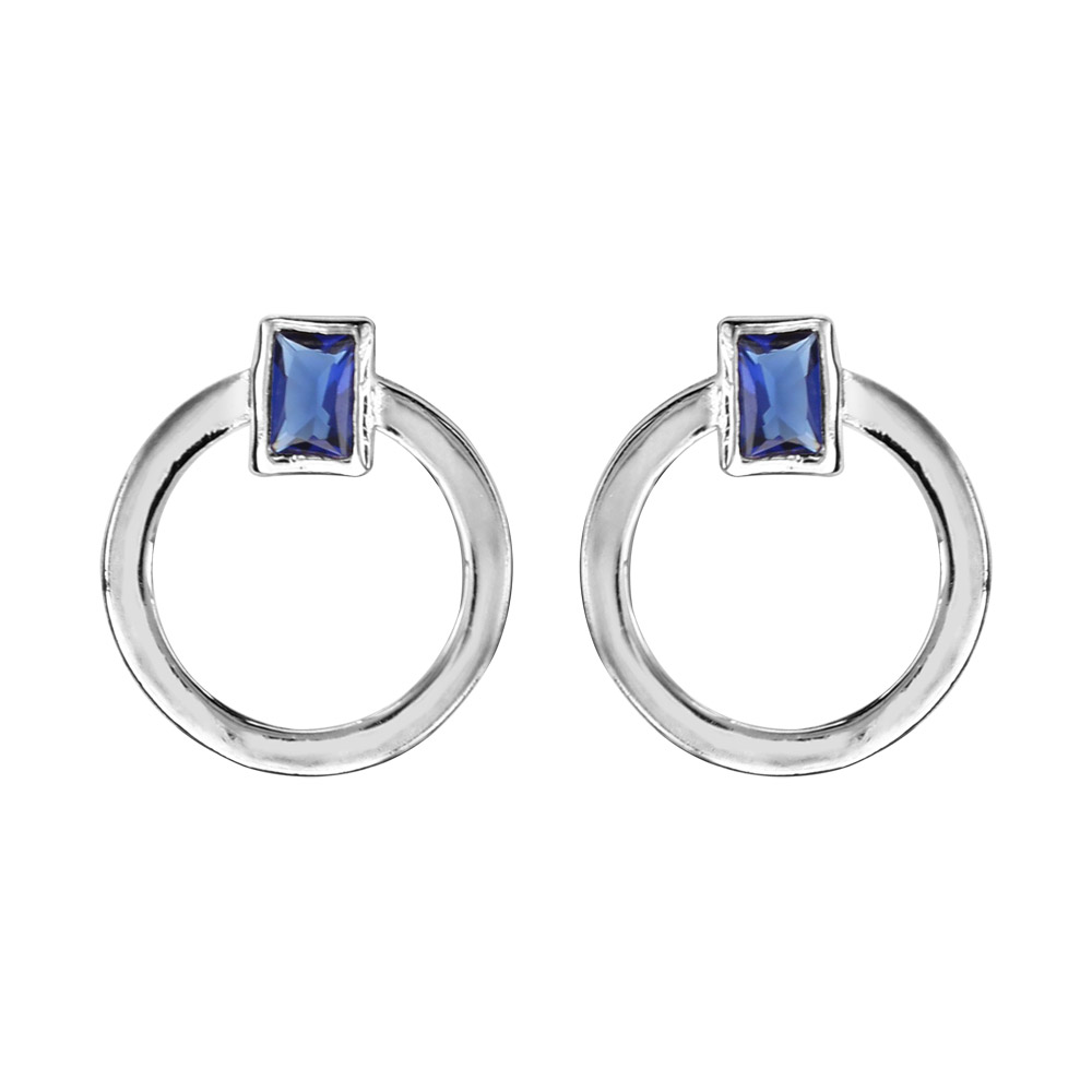 Boucles d’oreilles en argent rhodié anneau avec élément rectangulaire orné d’1 oxyde bleu foncé – fermoir poussette