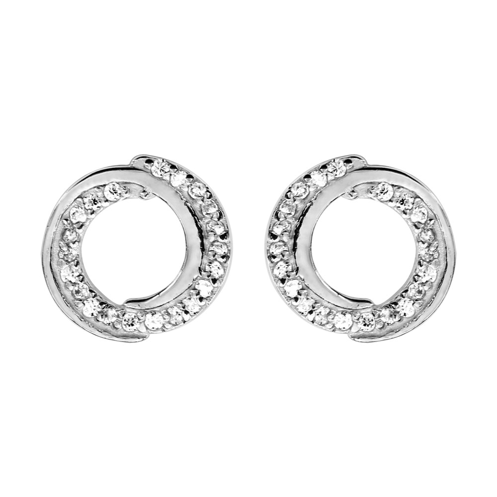 Boucles d’oreilles en argent rhodié 2 cercles enroulés avec oxydes blancs sertis et fermoir poussette