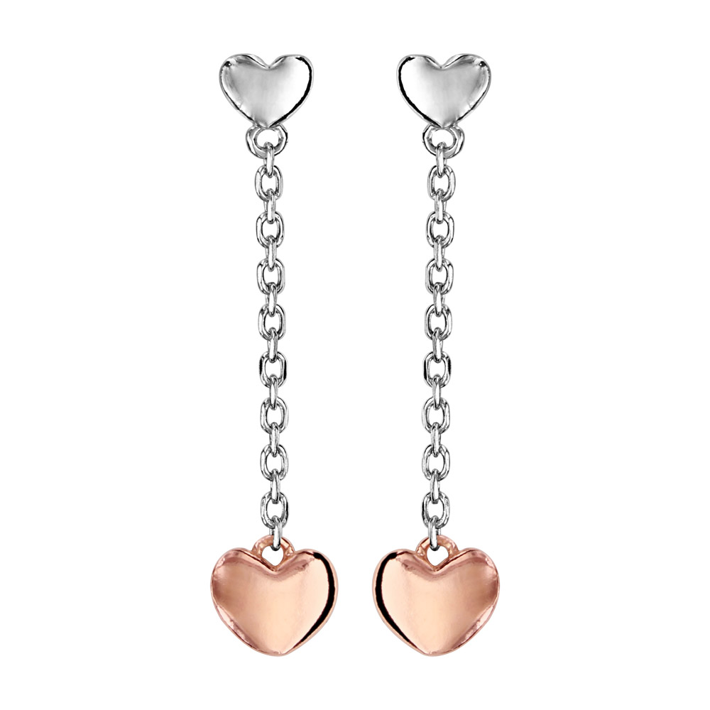 Boucles d’oreilles pendantes en argent rhodié avec chaînette et 2 cœurs doré rose et argent fermoir poussette
