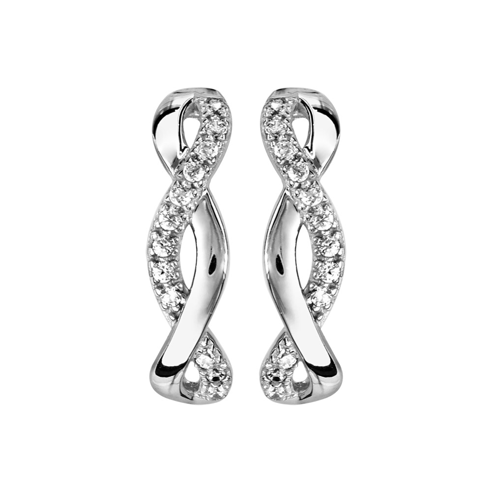 Boucles d&rsquo;oreilles en argent rhodié 1 torsade avec brin lisse et rail d&rsquo;oxydes blancs sertis et fermoir poussette