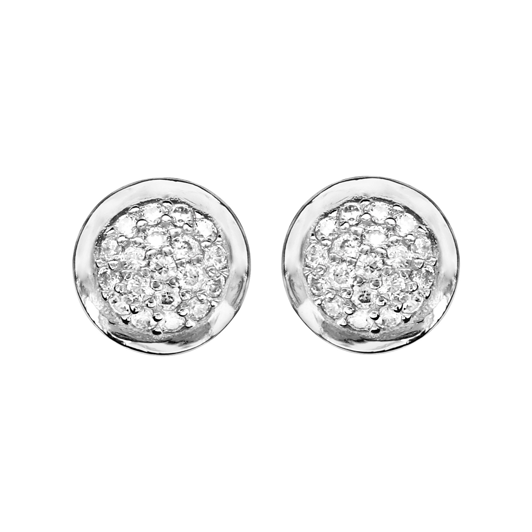 Boucles d’oreilles en argent rhodié rond pavé d’oxydes blancs sertis et bords épais – fermoir poussette
