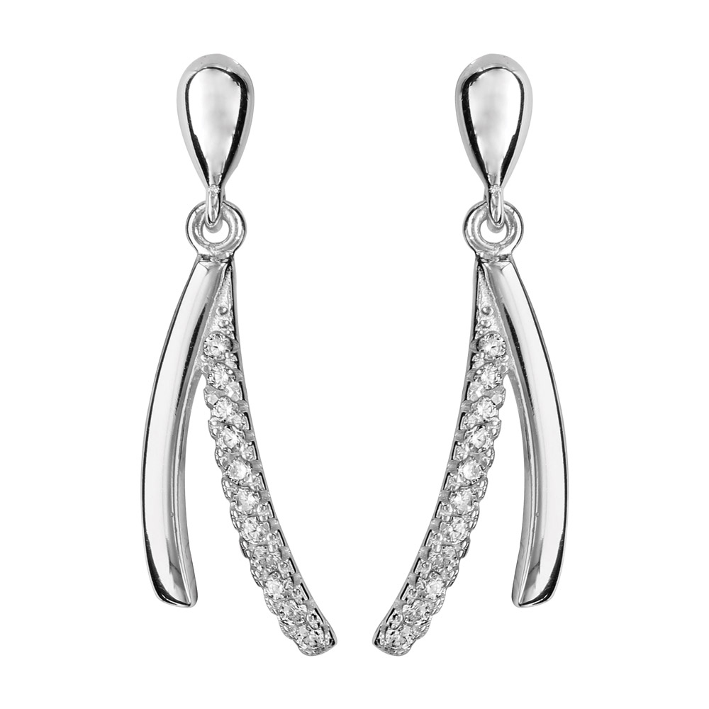 Boucles d&rsquo;oreilles pendantes en argent rhodié 2 brins suspendus lisses et oxydes blancs sertis et fermoir poussette