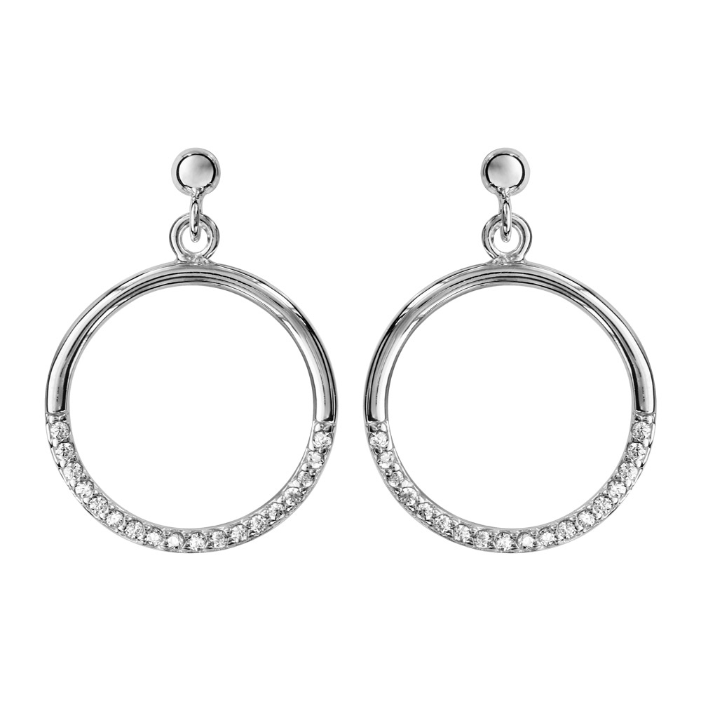 Boucles d&rsquo;oreilles pendantes en argent rhodié anneau suspendu orné d&rsquo;oxydes blancs sertis en bas fermoir poussette