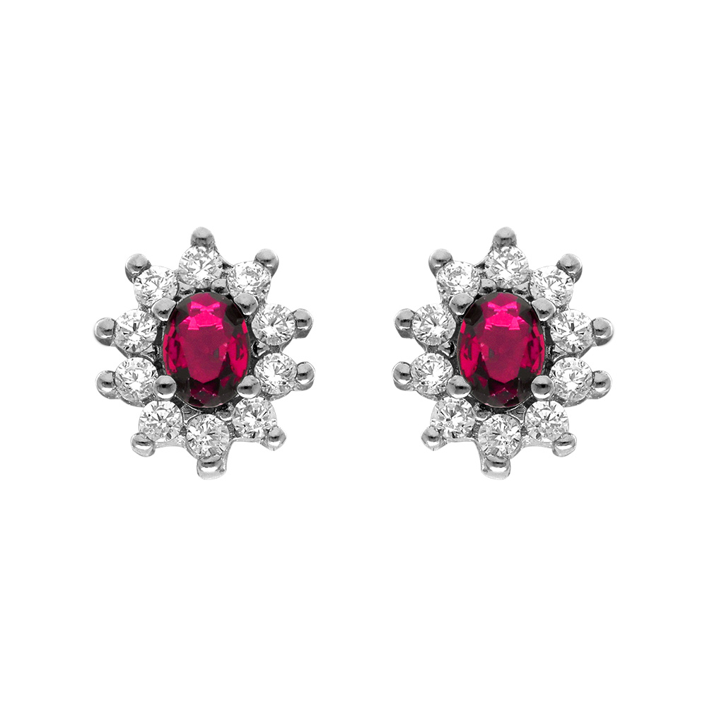 Boucles d&rsquo;oreilles en argent rhodié collection joaillerie pierre centrale rouge contour oxydes blancs sertis et fermoir poussette