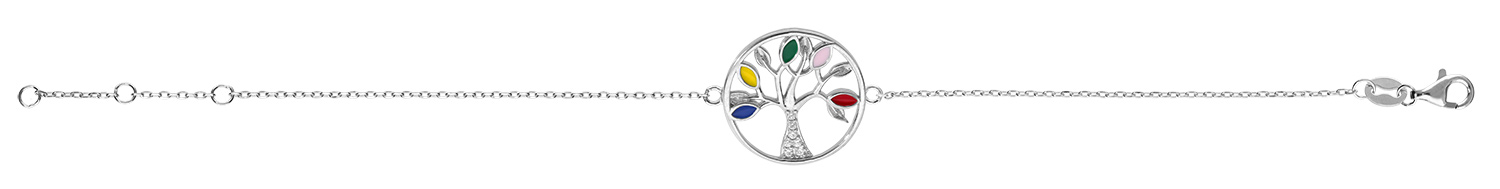 Bracelet en argent rhodié chaîne avec arbre de vie multi couleurs et oxydes blancs 16+3cm