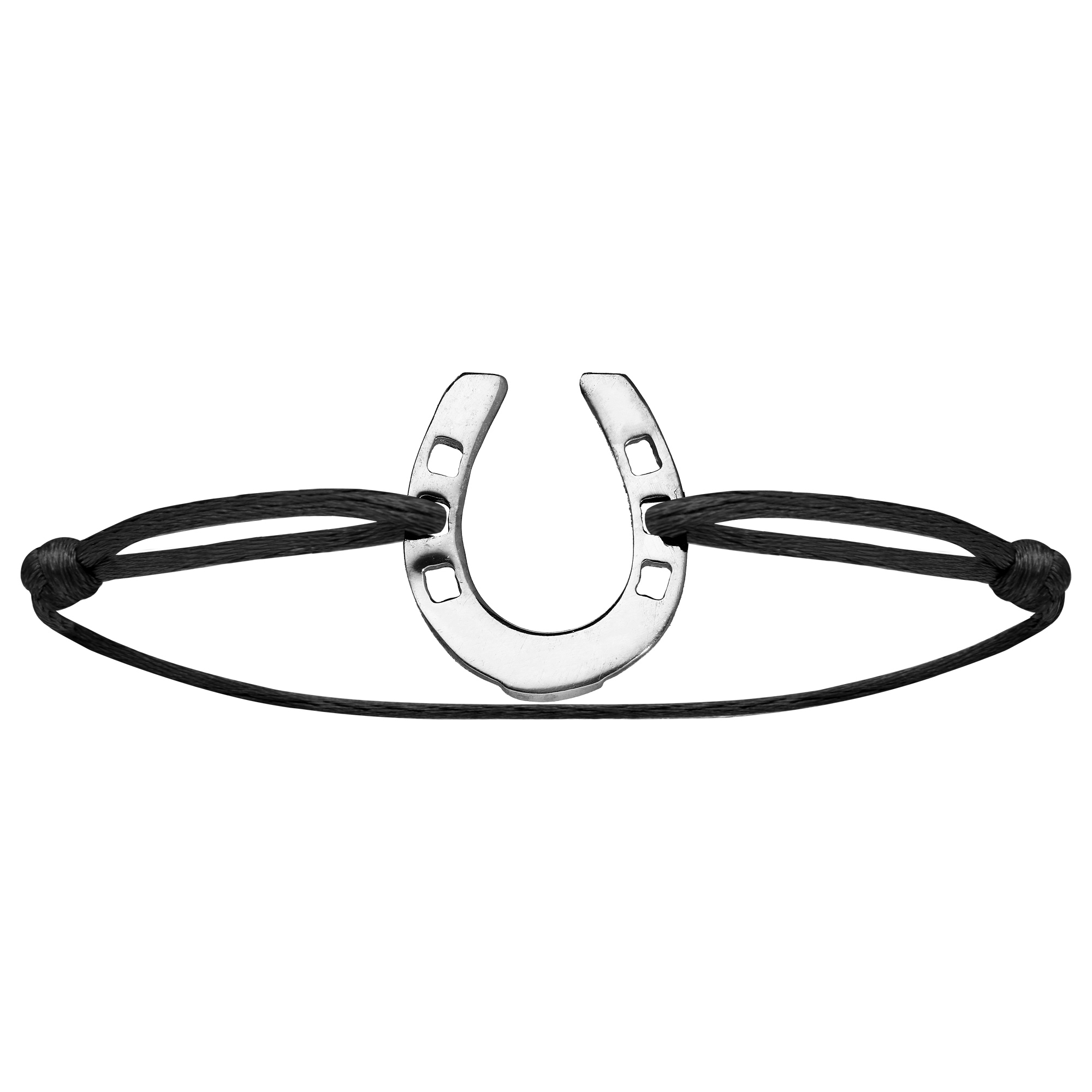 Bracelet cordon réglable noir avec fer à cheval en argent rhodié