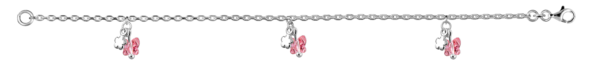Bracelet en argent chaîne avec 3 pampilles papillons en oxyde rose et fleurs – longueur 18cm réglable