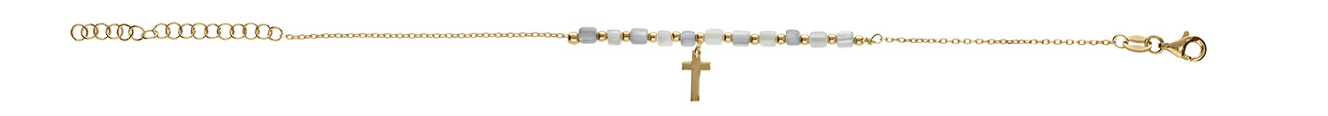 Bracelet argent doré pampille croix avec perles nacre véritable blanche et teintée bleu réglable 16 à 19cm