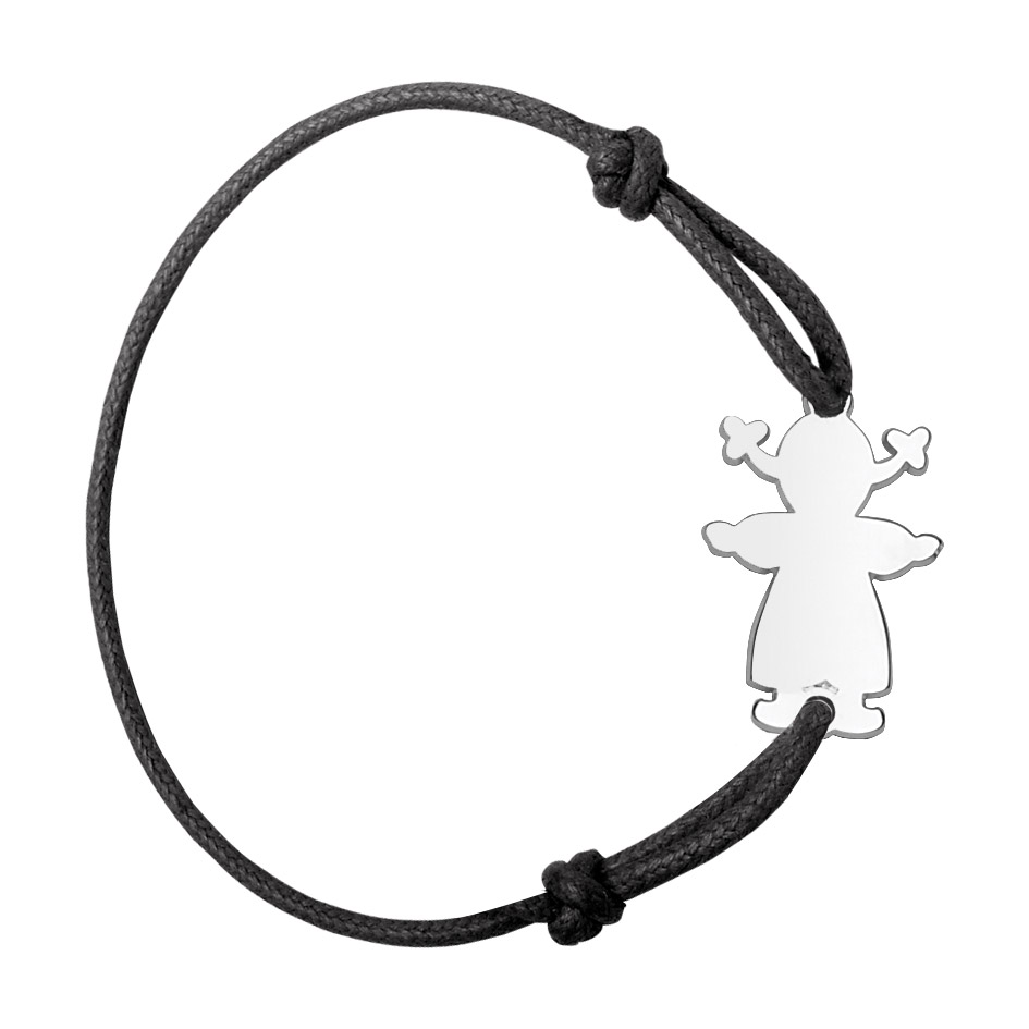 Bracelet en argent cordon noir coulissant avec petite fille au milieu