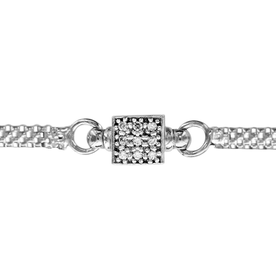 Bracelet en argent rhodié mailles ajourées avec carré pavé d’oxydes blancs sertis au milieu – longueur 16cm + 3cm de rallonge
