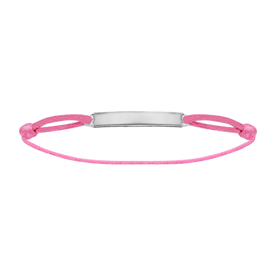 Bracelet en argent rhodié cordon rose coulissant avec plaque rectangulaire longue au milieu