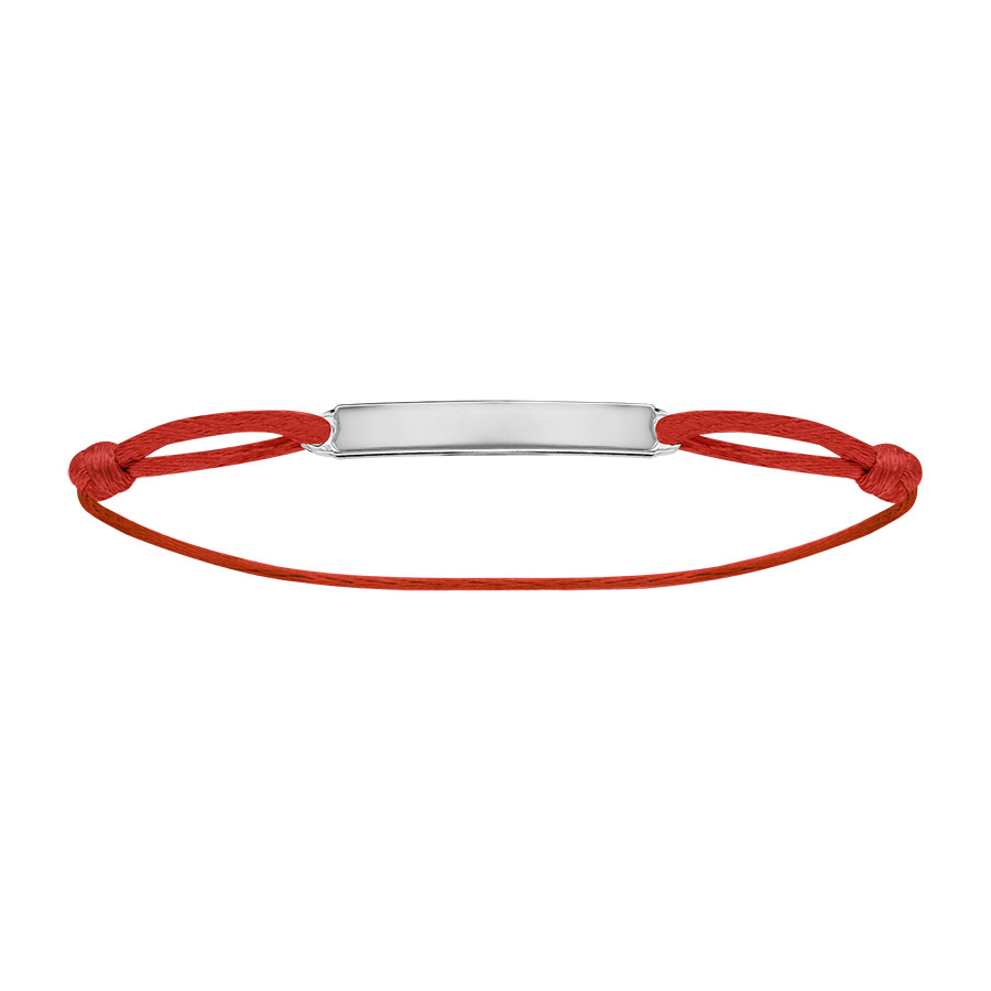 Bracelet en argent rhodié cordon rouge coulissant avec plaque rectangulaire longue au milieu