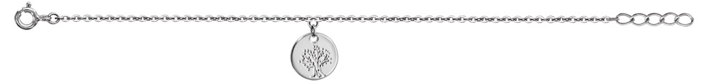Bracelet en argent rhodié chaîne avec médaille de 10mm de diamètre avec gravure arbre de vie – longueur 14cm + 2cm de rallonge