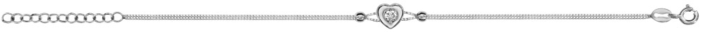 Bracelet en argent rhodié chaîne doublée avec 2 boules lisses et coeur avec oxyde blanc serti au centre au milieu – longueur 16cm + 3cm de rallonge