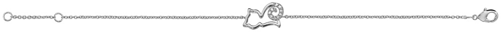 Bracelet en argent rhodié chaîne avec chat ajouré stylisé avec queue ornée d’oxydes blancs – longueur 16cm + 2cm de rallonge