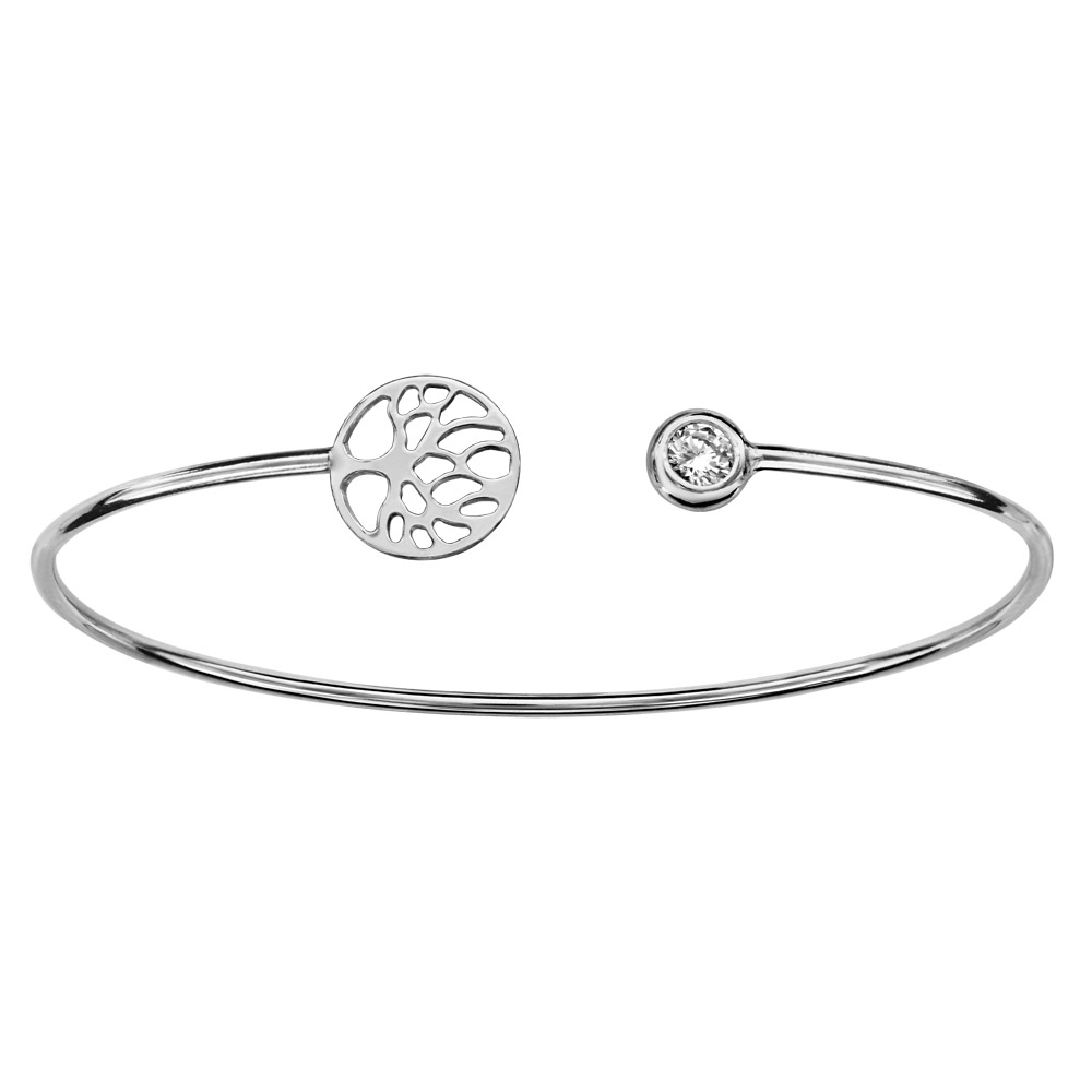 Bracelet jonc en argent rhodié ouvert avec 1 arbre de vie et 1 oxyde blanc serti clos aux extrémités