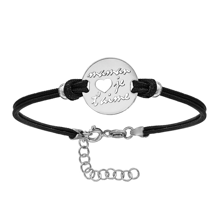 Bracelet en argent rhodié cordon doublé noir interchangeable avec plaque ronde avec coeur et « maman je t’aime » découpés – longueur 16cm + 3cm de rallonge