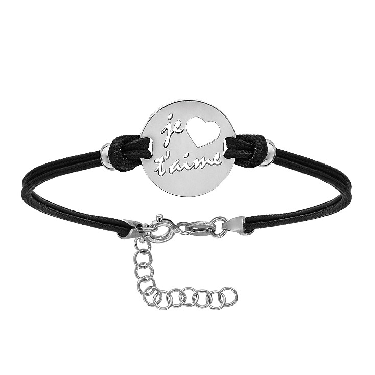 Bracelet en argent rhodié cordon doublé noir interchangeable avec plaque ronde avec coeur et « je t’aime » découpés – longueur 16cm + 3cm de rallonge