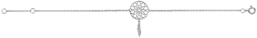 Bracelet en argent rhodié chaîne avec 1 attrape rêve avec 1 plume suspendue au milieu – longueur 16cm + 2cm de rallonge