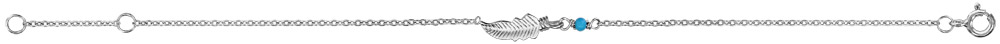 Bracelet en argent rhodié chaîne avec au milieu 1 petite plume et 1 boule turquoise – longueur 16cm + 2cm de rallonge