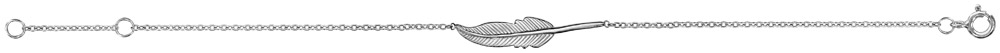 Bracelet en argent rhodié chaîne avec plume couchée et nervurée au milieu – longueur 15cm + 2cm de rallonge