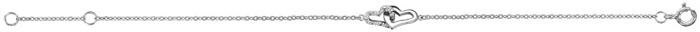 Bracelet en argent rhodié chaîne avec 2 coeurs emmaillés, 1 lisse et l’autre ouvragé – longueur 15cm + 2,5cm de rallonge