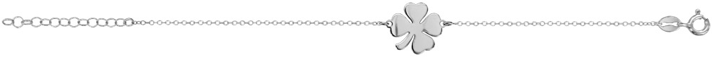 Bracelet en argent rhodié chaîne avec au milieu trèfle à 4 feuilles lisse – longueur 16cm + 3cm de rallonge
