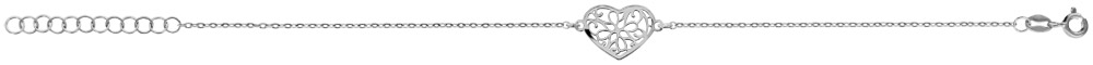 Bracelet en argent rhodié chaîne avec coeur ajouré en forme de fleur – longueur 16cm + 3cm de rallonge