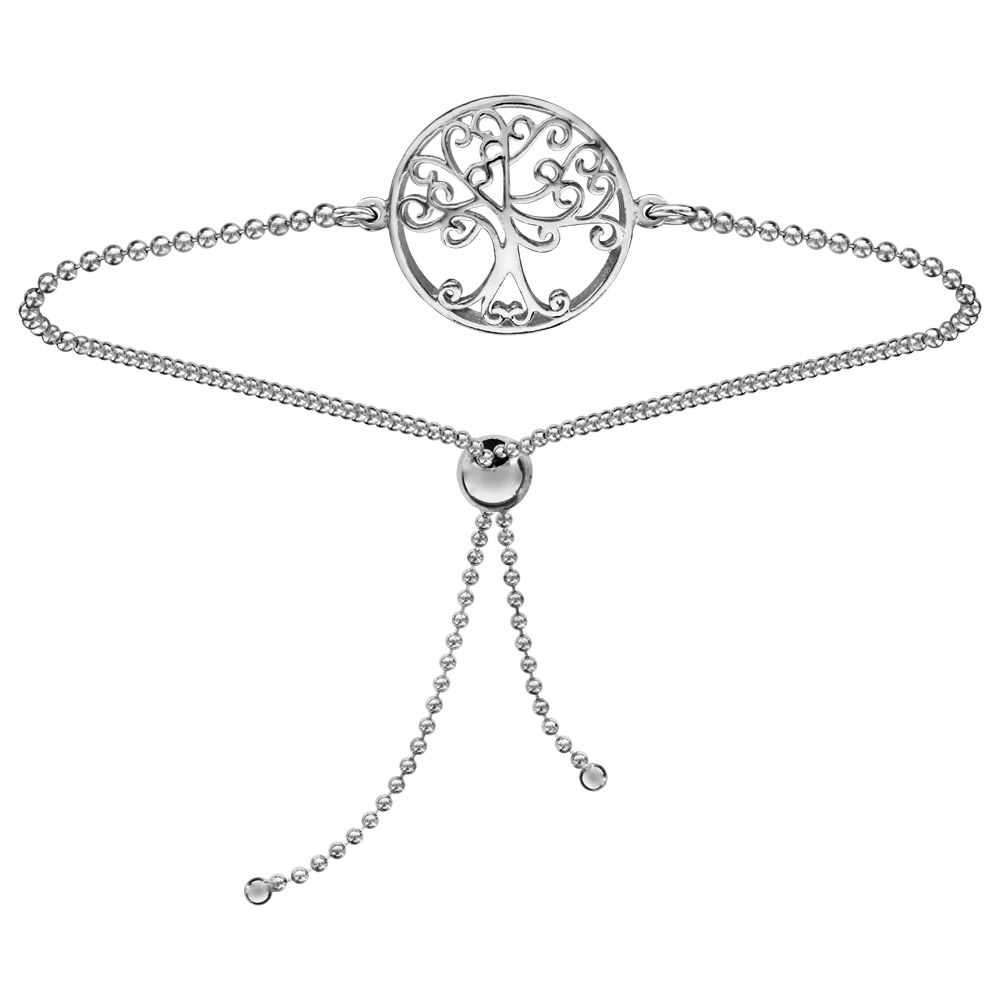 Bracelet en argent rhodié coulissant chaîne avec rondelle avec 1 arbre de vie découpé à l’intérieur