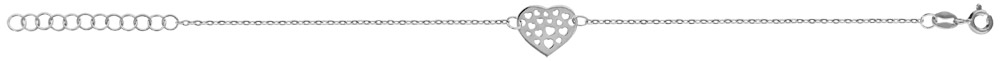 Bracelet en argent rhodié chaîne avec coeur ajouré en forme de coeurs – longueur 16cm + 3cm de rallonge