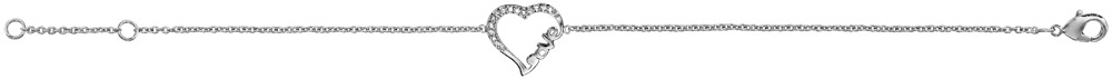 Bracelet en argent rhodié chaîne avec coeur évidé découpé « Love » en bas et orné d’oxydes blancs sertis – longueur 16cm + 2cm de rallonge