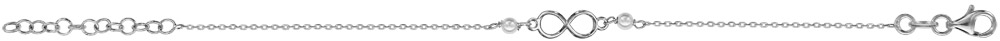Bracelet en argent rhodié chaîne avec au milieu symbole infini entouré de 2 perles blanches synthétiques – longueur 15cm + 3cm de rallonge